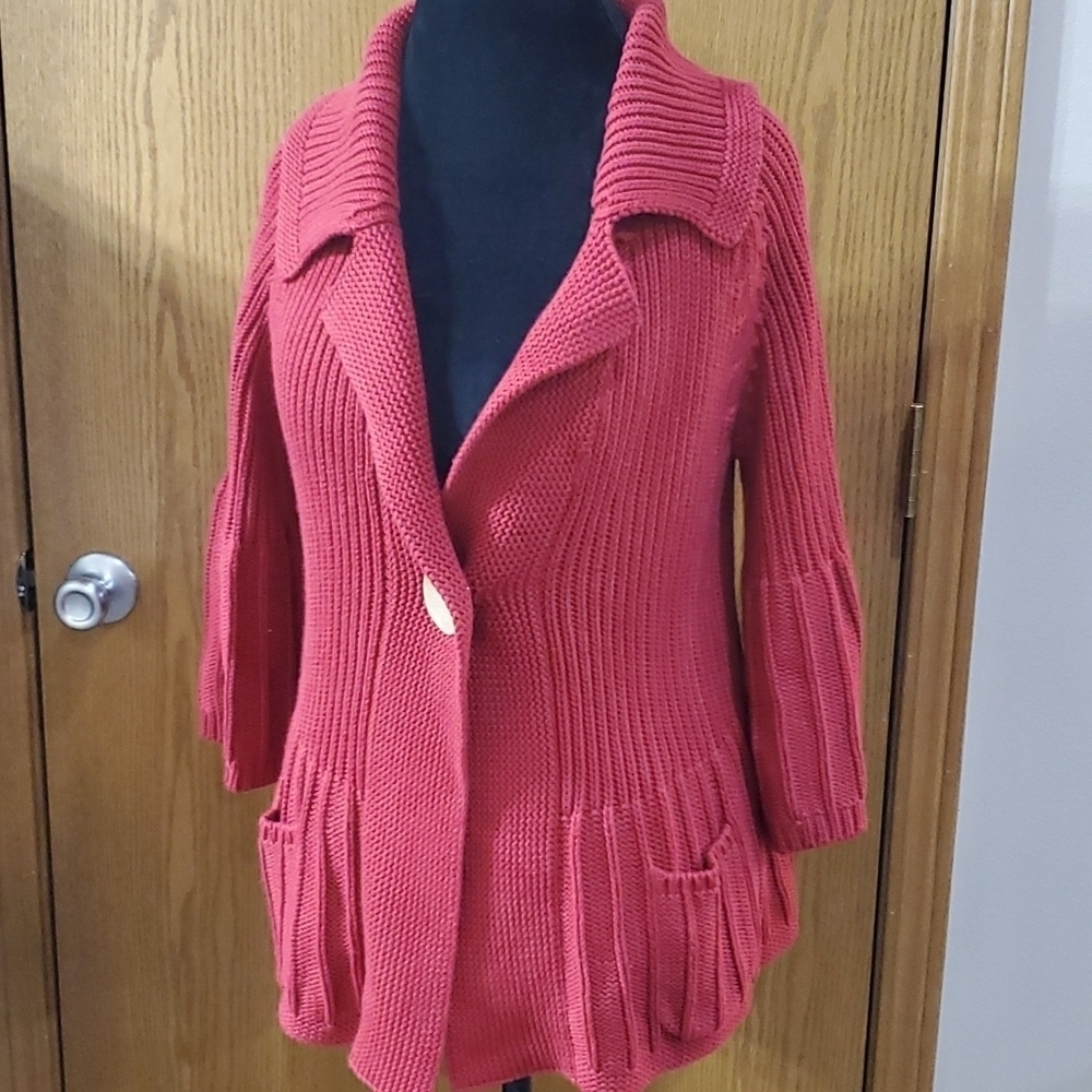 Tribal red bell sleeve ruffled cardigan with pockets